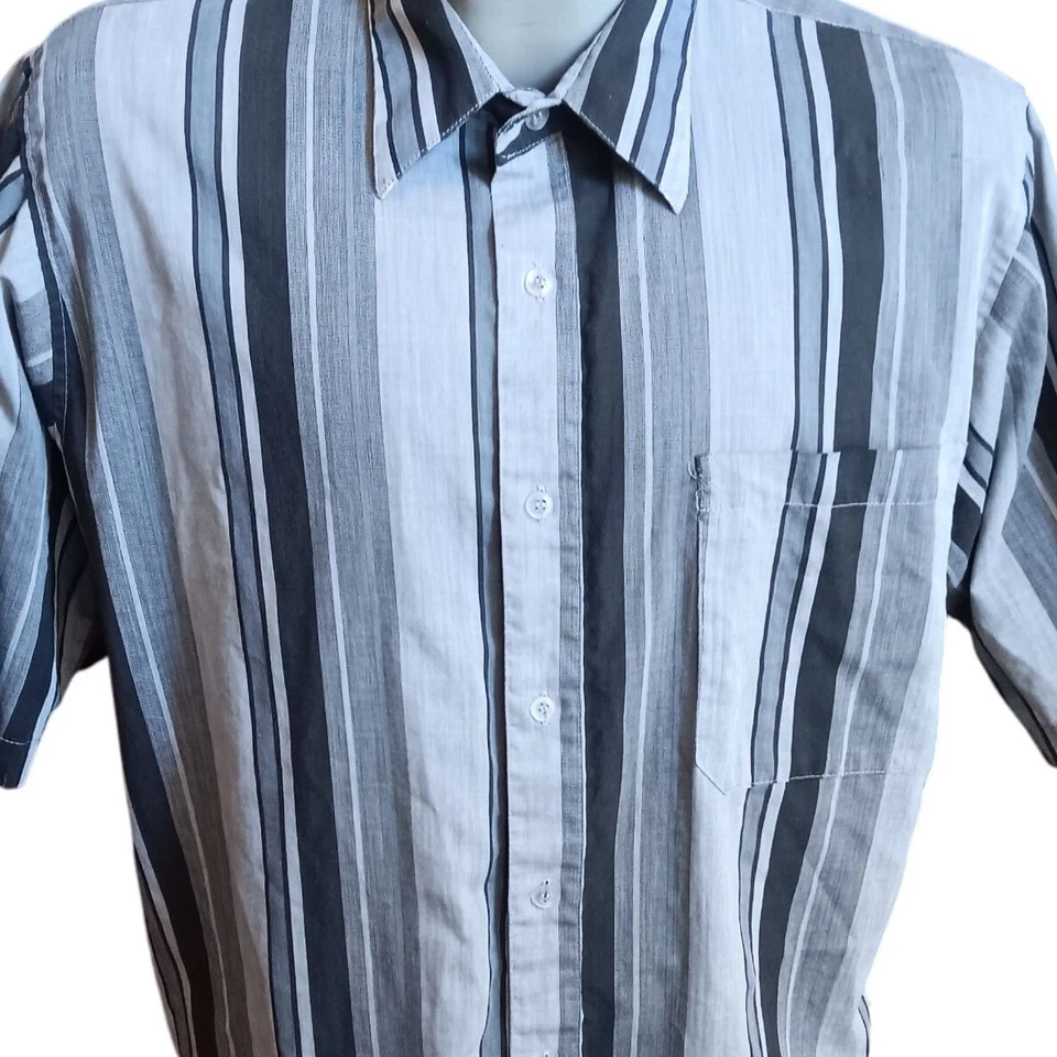 XL Vintage Men's Shirt 80's Impact Gray Black Vertical Stripe Button-Up Clubster - Image 1 of 4