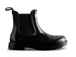 Hunter ORIGINAL Commando Ladies Casual Pull On Black Gloss Chelsea Ankle Boots - Picture 1 of 5
