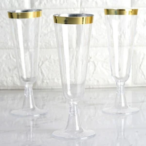 12 5 oz Plastic CLEAR with Gold Rim Champagne Disposable Glasses Party Wedding - Picture 1 of 4