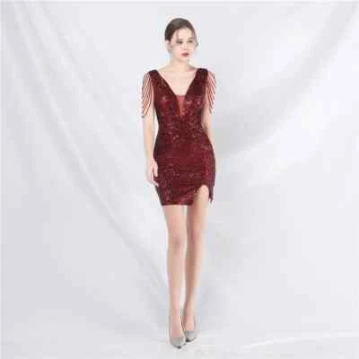 Vestido Traje Vestido de Tubo Rojo Vestido Mini Pedrería Paillette Satén 08770 - Imagen 1 de 4