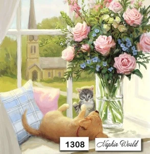 (1308) ZWEI Indiv. Papier LUNCHEON Decoupage Servietten - WELPE KÄTZCHEN ROSEN HUND KATZE - Bild 1 von 3