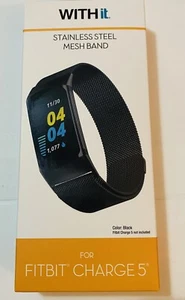 WITHit Fitbit Charge 5 Band Stainless Steel Mesh Black NEW - Picture 1 of 5