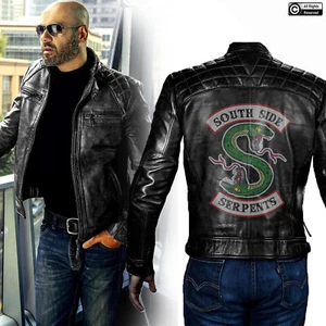 Chaqueta de cuero genuino clásica para motociclista negra Southside Serpents Riverdale para hombre - Imagen 1 de 11