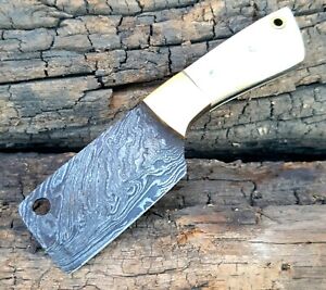 4.0" Handmade Damascus Steel Cleaver Mini Neck Knife "Bone Handle with Sheath"