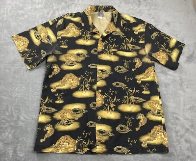 Vtg 90s No Fear Mens L Tiger Bamboo Hawaiian Wood Button Shirt USA Black - Image 1 of 4