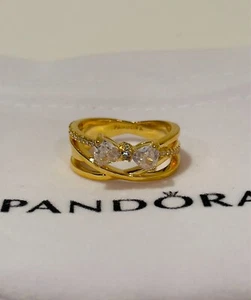 PANDORA 925 ALE Gold Sparkling Bow & Crossover Band Ring Size 7 / 54 w/ Pouch - Picture 1 of 3