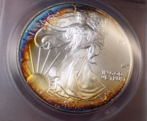 AMERICAN SILVER EAGLE 1998 MONSTER NEON RAINBOW SHOCKING COLORS ANACS MS 67++ - Picture 1 of 4