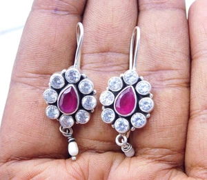 9.80 Gm Lab-Created Ruby & C.Z. Cut Gemstone 925 Sterling Silver Earring 1.6" - Picture 1 of 4