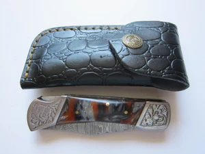 Custom Handmade Damascus Steel Folding Knife  With Leather Sheath - Picture 1 of 5