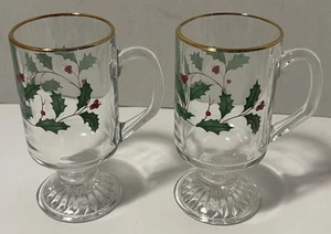Juego de 2 tazas de café irlandesas de vidrio Lenox Holiday Dimension acebo y bayas - Imagen 1 de 8