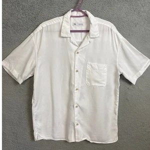 Zara Men's Camp Shirt Crisp White Soft Lyocell Size L Beachy Resort Summer - Picture 1 of 9