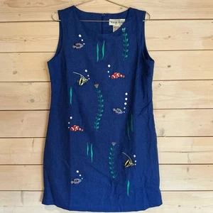Victoria Holley 14P Blue Aquatic Sleeveless Dress Embroidered Fish And Plants - Picture 1 of 6