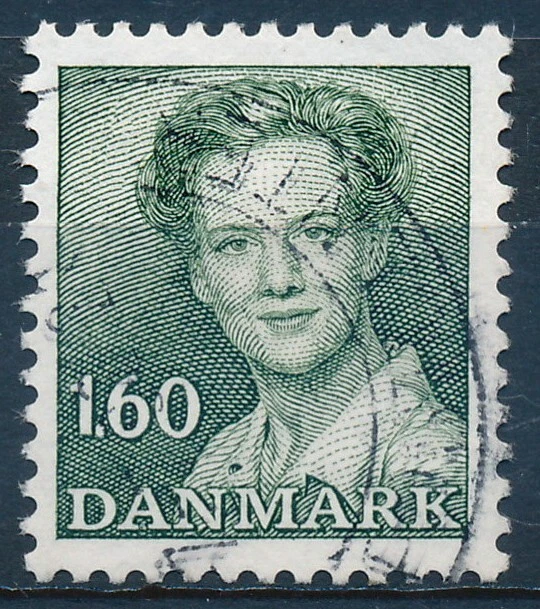 Dinamarca Scott 701/AFA 756, 1,60 verde Reina Margarita, en muy buen estado sello usado postal Foto 1 de 1