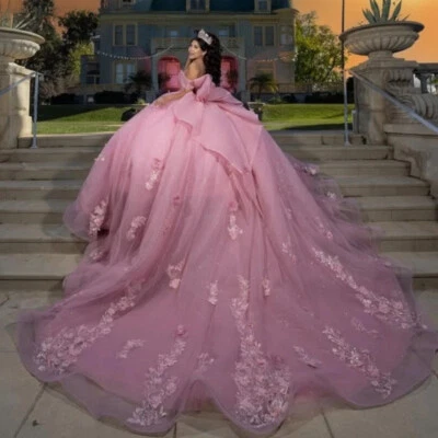 Vestidos de glitter quinceanera 3D flores apliques costas arco festa formatura vestidos - Imagem 1 de 4