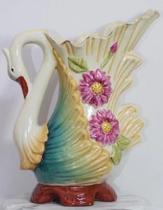 16" EINZIGARTIGE GROSSE ANTIKE MAJOLIKA SCHWAN FLORAL JUGENDSTIL KRUG VASE GANS  - Bild 1 von 12