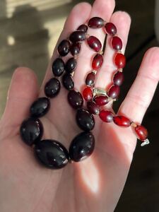 Antique Rare Dark Cherry Amber Bakelite Necklace Veins Marbled