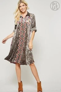Andree By Unit Velvet Plaid Embroidered Button Shirt Dress Long Tunic Boho - Picture 1 of 8