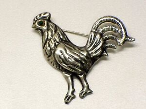 Vintage .925 Sterling Silver Rooster Pin Green Turquoise Eye