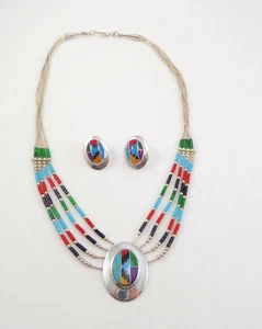 Native Ella Peter Multi-stone Inlay Sterling Liquid Silver Necklace Earrings Set - Picture 1 of 18