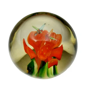 Vintage Silvestri Art Glass Paperweight Orange Flowers 2 Butterflies Garden Gift - Picture 1 of 5