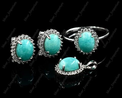Naturale Amazonite Gemma 925 Anello Argento Sterling Orecchini Ciondolo Gioielli - Immagine 1 di 4