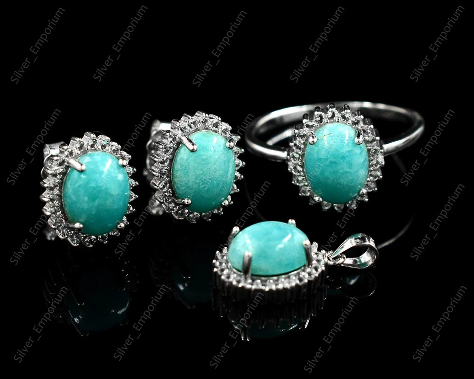 Naturale Amazonite Gemma 925 Anello Argento Sterling Orecchini Ciondolo Gioielli - Immagine 1 di 4