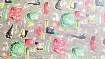 TISSU VINTAGE DESIGN 1950 A MOTIFS ABSTRAITS,jaune;rouge,vert et noir/gris beige - Photo 1/4