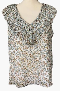 Max Studio Top Sz L V-Neck Pleated Ruffle Collar Ditsy Floral Print Sheer - Picture 1 of 11