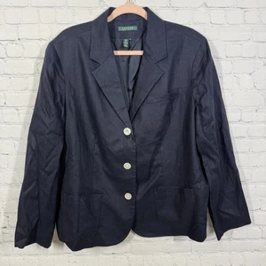 Ralph Lauren Jacket Women Plus 20W Navy Blue Linen Button Lagenlook Blazer - Picture 1 of 13