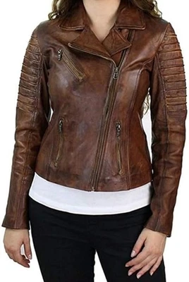 Ladies Leather Jacket Dirty Brown Designer Biker Motorcycle Style Casual Jacket - Image 1 of 4