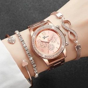 4 Stück/Set Mode Strass Damen Uhren Luxus Stahlband Damen Quarzuhr - Bild 1 von 9