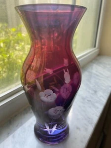 Amethyst Art Glass Etched Flower Design 6" Vintage small Vase - Picture 1 of 8