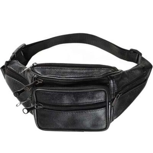 Genuine Leather Fanny Pack Multi Zippered Waist Bag Hip Belt Purse Black Pouch - Picture 1 of 12