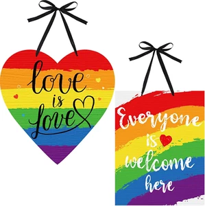 2 Pieces Rainbow Pride Sign Everyone Is Welcome Here Sign Love Is Love Wood Hang - Picture 1 of 7