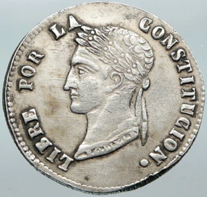 1855 PTS MJ BOLIVIA Large SIMON BOLIVAR ANTIQUE Vintage 4 Sol Silver Coin i88534 - Picture 1 of 3