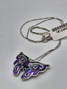 New Sterling Silver Enameled Butterfly Pendant ~ Amethyst Stones w/ 18" Chain - Picture 1 of 5