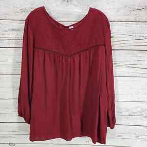 Old Navy Burgundy Embroidered Mesh Front Detail Sleeve Top Size XXL