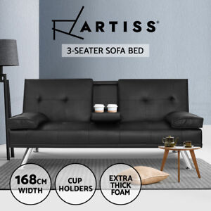 Artiss Sofa Bed Lounge Futon Couch 3 Seater Leather Beds Cup Holder Black