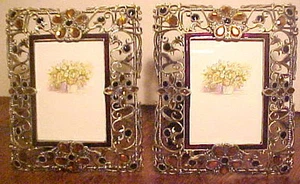 GORGEOUS NEW SET 2 DESIGNED FLORAL METAL & COLORFUL RHINESTONES PICTURE FRAMES - Picture 1 of 4