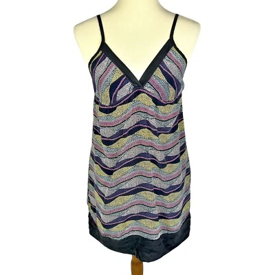 Mini Vestido Yumi Kim 100% Seda Negro Geométrico Sin Mangas Dobladillo en Niveles Cambio Pequeño Foto 1 de 4