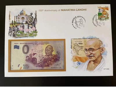 Euro Souvenir banknote Cover Mahatma Gandhi India 150 Ans Angola Banknotenbrief - Photo 1/4