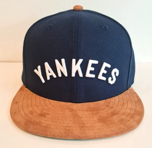 New York Yankees Hat Cap Fitted Mens 7 3/8 Navy Brown Denim Baseball MLB - Picture 1 of 17