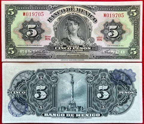 1961 Mexico 5 Pesos GYPSY UNC Mexican banknote Billete Gitana SERIE MN PREFIX W Cover