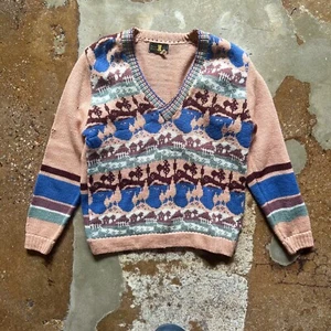 Vintage Neiman Marcus V Neck Knit Sweater Fits Mens Medium 100% Wool 80s Design - Picture 1 of 6