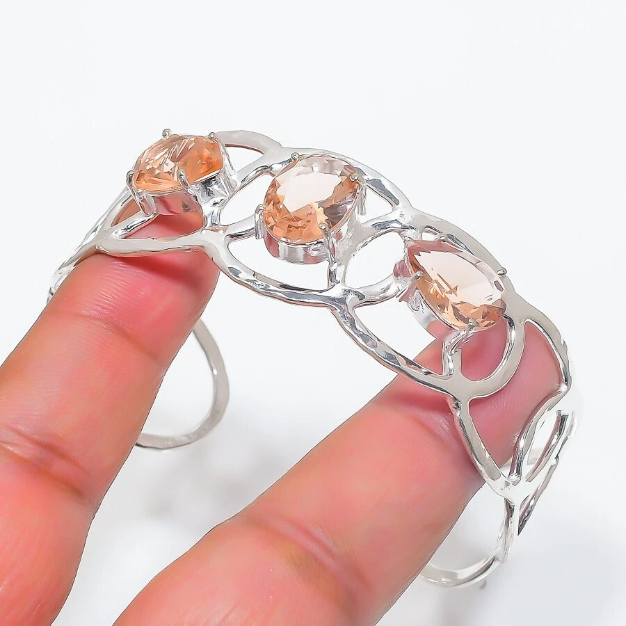 Brazalete ajustable de plata de ley 925 con piedras preciosas de morganita melocotón Foto 1 de 1