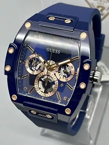 Neu Guess 43mm Phoenix Blue Tonneau Case Dial R Gold Chrono Silicone Strap Watch - Bild 1 von 12