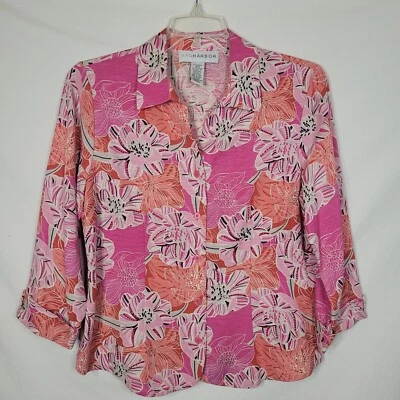 Top de seda Sag Harbor rosa floral con cuentas para mujer 14 tropical con botones camisa crucero Foto 1 de 4