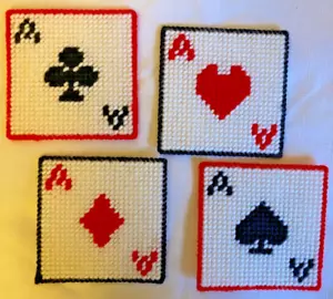 Crochet Square-Shaped Table Coasters (4) - Heart, Spade, Club, and Diamonds - Picture 1 of 3