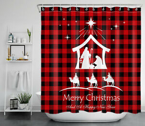 Christmas Jesus Is Born Red Check Plaid Shower Curtain Bathroom Accessories Set