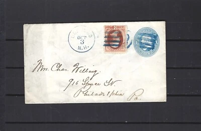 USA-1870-2 C ORANGE-ON 1 CENT BLUE STATIONARY-TO PHILI-CLEAR CONCORD STRIKE-F - Image 1 of 2